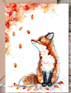 a card with an image of a fox sitting on the ground and looking up at falling leaves