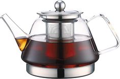 a glass tea pot with a strainer in the shape of a teapot, filled with liquid