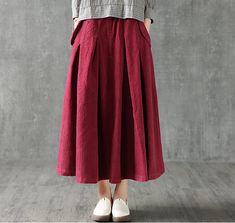 Casual Cotton linen loose fitting Women's Skirts Casual Red Maxi Skirt For Fall, Red Cotton Flared Skirt Bottoms, Red Cotton Long Skirt, Casual Red Long Skirt, Red Casual Midi Skirt, Casual Red Midi Skirt, Red Skirt With Elastic Waistband, Red Cotton Lined Maxi Skirt, Red Cotton Midi Skirt