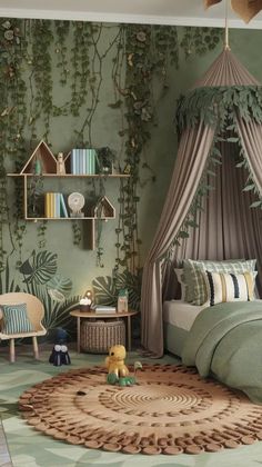 a bedroom decorated in shades of green and beige with plants on the wall, bed canopy, chair, rug and teddy bear