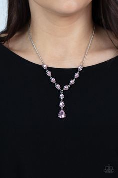 Park Avenue A-Lister - Pink Teardrop Necklace - Paparazzi Pink Park, Silver Y Necklace, Paparazzi Jewelry Images, Pink Gem, Pink Necklace, Chic Jewelry, Teardrop Necklace, Pink Rhinestones, Paparazzi Accessories