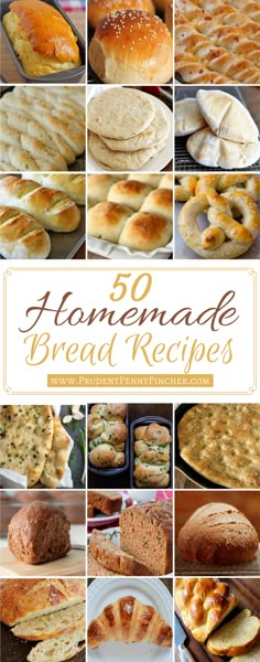 the cover of 50 homemade bread recipe book with pictures of different types of breads and pastries