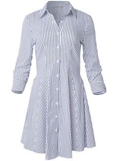 This must-have shirt dress is extremely versatile, yet far from basic. The pinstriped print streamlines an A-line silhouette, giving it a polished finish that moves easily from day to night. Wear on its own or add a belt at the waist for an extra chic look.* Available in plus size* A-Line silhouette with extra flare* B Shirt Dress Pattern, Stand Collar Shirt, Collared Shirt Dress, Upcycled Clothing, Night Wear, Work Wear Women, Collars For Women, White Shirt Dress, Hippie Outfits