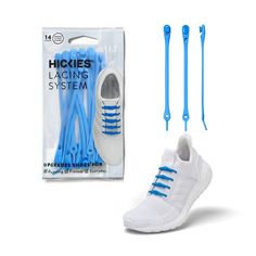 the shoe laces are blue and white with two pairs of shoeslaces attached to them