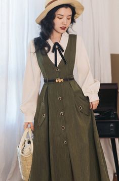 Traveller's Pinstripe Pinafore Set (3 Colors) Spring Workwear Pinafore Dress With Buttons, Spring Pinafore Dress With Pockets For Work, Spring Workwear Pinafore Dress With Pockets, V Neck Pinafore Dress, 1940s Outfits, 40s Style, Neck Ribbon, Cottagecore Style, Oversized Collar