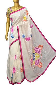 Take your draping style to the next level with our pure Bangalore silk saree collection in pure white color. This recent pick has elegant alpana (mandala) style print work which is encompassed with Kantha stitch embroidery and a defined ribbon style firm border. Color: A shade of white color Technique: Amazing work of Kantha stitch along with hand paint work on the saree with ribbon style border Fabric: Bangalore Silk Quality: Indyvogue's Assurance of Pure Silk Mark Certified Saree White Chanderi Pre-draped Saree With Zari Work, White Pre-draped Saree For Designer Wear, Festive White Pre-draped Saree With Cutdana, White Fitted Pre-draped Saree For Eid, White Pre-draped Saree With Zari Work, Elegant White Pre-draped Saree For Festivals, Off White Art Silk Saree With Traditional Drape, Traditional Drape Off White Art Silk Saree, White Cutdana Pre-draped Saree For Puja