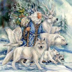 a painting of santa claus surrounded by white wolfs in the snow with an angel on his back