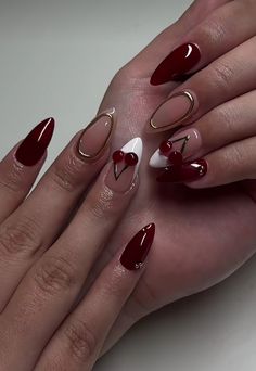 Red Nail Inspo Design, Aphrodite Nails, Jelly Nail Art, Dance Nails, Red Toes, Almond Acrylic Nails Designs, Punk Nails, Edgy Nails, Girly Acrylic Nails