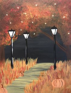 a painting of three lamps on a path leading to trees with fall foliage and stars in the sky