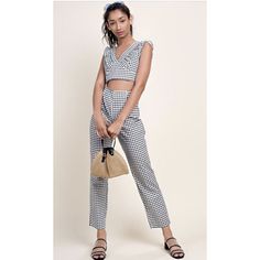 Black and White Ruffle Crop Top and Pants Set - Best YOU by HTS Casual Gingham Cotton Sets, Casual Cotton Gingham Sets, Spring Matching Set Cotton Pants, Spring Cotton Pants Matching Set, Casual Spring Matching Pant Set, Casual Spring Pant Set, Casual Gingham Sets For Spring, Casual Spring Gingham Sets, Casual Pant Set For Spring Day Out