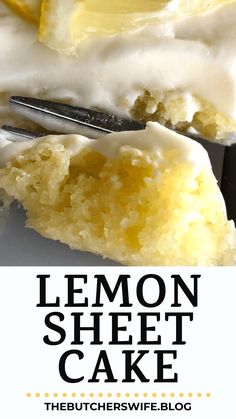 a lemon sheet cake with white frosting on top and a fork in the middle