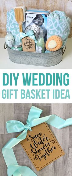 a basket filled with wedding gifts and the words diy wedding gift basket idea on it