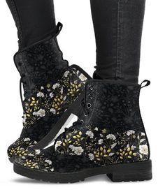 "Title: Black Floral Pattern Boots Womens Angkle Fashion, Vegan Leather, Combat Lace Shoes Gifts Friend Her Custom Casual Bohemian Cowgirl Description: All of our Women's Leather Boots are custom-made-to-order and handcrafted to the highest quality standards. *Features vegan-friendly leather with a double-sided print and rounded toe construction. *Lace-up closure for a snug fit. *Soft textile lining with sturdy construction for maximum comfort. *High-quality rubber outsole for traction and excep Boho Chic Boots, Pattern Boots, Bohemian Cowgirl, Floral Combat Boots, Leather Shoe Laces, Combat Boots Style, Black Floral Pattern, Vegan Leather Boots, Handcrafted Boots