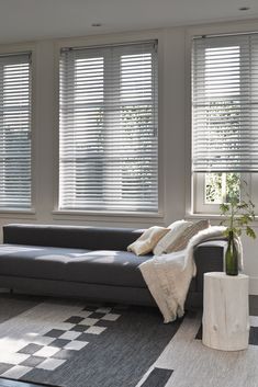 a living room filled with furniture and windows covered in blinds