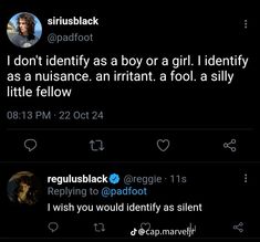 two tweets are shown with the caption'i don't identify as a boy or a girl, i identify