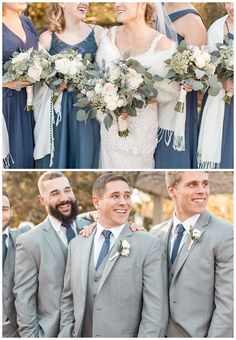 the bride and grooms are laughing together