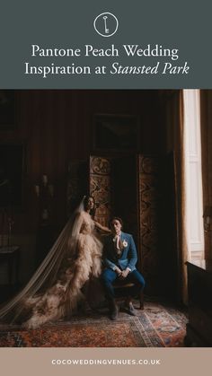 a bride and groom posing in front of a window with the words pantone peach wedding inspiration