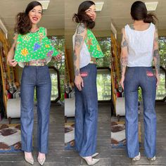 "How about a pizza dat a$$?? With these rare vintage indigo denim pizza pants! Big embroidered back pocket, straight leg fit, dark dark wash. In excellent condition with snap button and zipper closure. Waist: 26\" Hips: 33\" max, best for 32\" Rise: 11\" Inseam: 30\" Model is 5'7\" and 116 lbs with measurements of 30x24x34. These were slightly small in the hips." Vintage Relaxed Fit Summer Flare Jeans, Vintage Relaxed Fit Flare Jeans For Summer, Retro Dark Wash Pants For Summer, Retro Dark Wash Pants For Spring, Vintage Dark Wash Summer Pants, Vintage Dark Wash Pants For Summer, Black Denim Vest, Indigo Jeans, Vintage Indigo