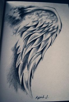 a drawing of an angel's wing on paper