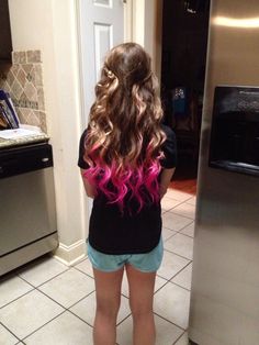 Pink hair tips #momsgotink Hair Color Bottom Half, Hair Color For Kids Girls Summer, Pink Hair For Kids, Kid Highlights Hair, Kids Highlights Hair, Brown Hair With Pink Tips, Kid Haircut