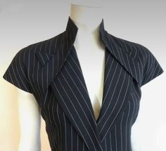 Pinstripe Outfit Aesthetic, Open Jacket Reference, Types Of Materials For Clothes, Pinstripe Aesthetic, Lines In Fashion, Vintage Suits Women, Open Back Suit, Suits Pattern, Couture Suit