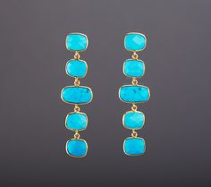 This pair of chained turquoise string earrings with its distinctive blue would be a great reward for your self or a nice gift for your mother or best friend. Each one has a string of five turquoise stones set in gold plated bezels: 1. Stones : five rectangular turquoise stones connected in a dangled chain each stone is about 11 x 10mm 2. earring total length ~ 64 mm 3. bezel material: 24k gold plated over sterling silver 4. earring post: 24k gold plated over sterling silver 5. if sending as a gi Turquoise Chandelier, Turquoise Stone Jewelry, Earring Frame, String Earrings, Earring Long, Turquoise Earring, Engraved Locket, Natural Turquoise Stone, Turquoise Earrings Dangle