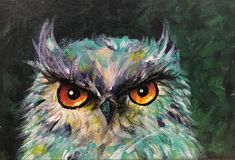 an oil painting of an owl with orange eyes