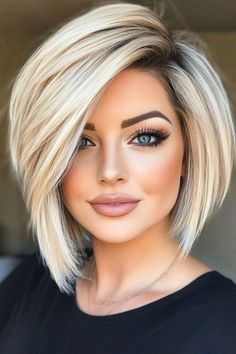 Woman with short blonde bob haircut, wearing black top and makeup, looking at the camera. Feathered Chin Length Hair, Mom Haircuts Short, Short Bob With Extensions, Bob Hairstyles Long Hair, Easy Mom Haircut Thick Hair, Long Stacked Bob Haircut Shoulder Length Medium Layered, Blonde Aline Bob, Bob With Long Bangs Angled, 2025 Haircuts For Women Short