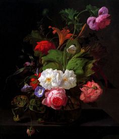 a painting of flowers in a vase on a table