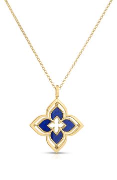 A single sparkling diamond lights up the top of the smooth bail up on this architecturally inspired pendant necklace detailed with resonant lapis lazuli. Total diamond weight: 0.12ct. Color: G–H Clarity: SI1 18k gold/lapis lazuli/diamond Made in Italy >Diamond Guide Diamond Lighting, Lapis Lazuli Jewelry, Roberto Coin, Diamond Guide, Sparkling Diamond, Flower Pendant Necklace, High Jewelry, Sparkle Diamonds, Flower Pendant