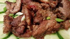 some meat and cucumbers on a plate with green onions in the center, ready to be eaten