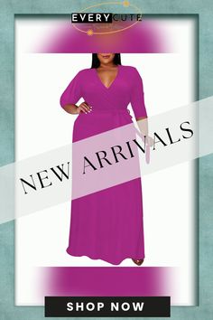 Rosy V Neck 3/4 Sleeve Plus Size Dress with Tie Purple 3/4 Sleeve Spring Dress, Chic Maxi Dress With 3/4 Sleeves For Party, Spring Maxi Dress With 3/4 Sleeves, Fall Party Maxi Dress With 3/4 Sleeves, Pink Half Sleeve Dress For Fall, Dress With Tie, Plus Size Dress, Size Clothing, Women's Style