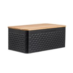 a black box with a wooden top on a white background and the lid is made out of