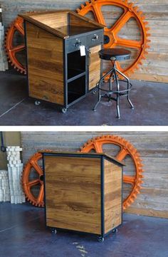 two pictures of an office desk made out of wood and metal with wheels on the wall