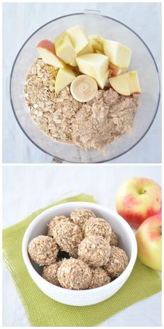 there are two pictures with apples and oatmeal in them