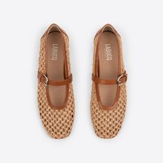 Woven raffia ballet flat with vegetable-tanned leather trim and maryjane strap. Flat Tan Shoes, Woven Ballet Flats, Girls Weakness, Straw Aesthetic, Fifties Fashion, Summer 2025, Tan Shoes, Woven Raffia, August 9