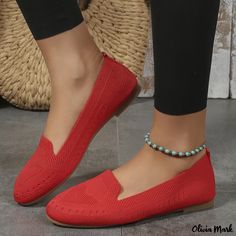 Olivia Mark - Comfortable Knitted Mesh Slip-on Loafers with Shallow Mouth and Flat Sole Casual Pointed Toe Slip-ons With Textured Sole, Casual Solid Flats For Fall, Casual Solid Color Flats For Fall, Red Closed Toe Casual Loafers, Red Casual Synthetic Flats, Casual Red Synthetic Flats, Casual Pointed Toe Slip-ons, Red Casual Summer Loafers, Casual Pointed Toe Flats With Textured Footbed