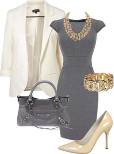 Grey Beige... Loooooove!! Mode Over 50, Elegant Work Outfits, Professional Work Outfit, Quoi Porter, Gold Outfit, Professional Attire, Grey Dress, 가을 패션, White Blazer