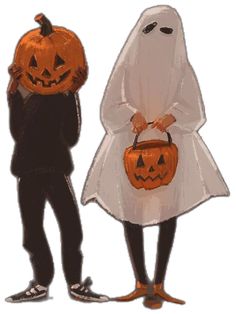 two people dressed up as ghost and pumpkins, one holding a trick or treat bag