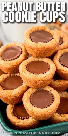 chocolate peanut butter cookie cups in a green bowl with text overlay that reads, how to make peanut butter cookies