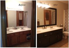 before and after pictures of a bathroom remodel with wood cabinets, white counter tops, and dark brown cabinetry