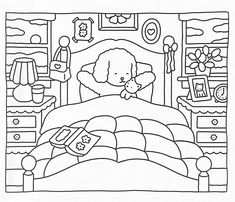 a black and white drawing of a bed with a teddy bear sleeping on the pillow