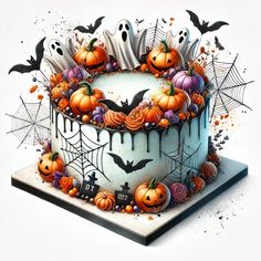 a cake decorated with pumpkins and decorations on top of a white table topped with spider web