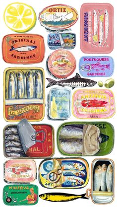 an assortment of tins with different types of food in them, including fish and other items