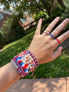 4th of july bracelets/rings! perfect for anyone looking for cute 4th of july jewelry! message me with any questions! i'm always open to custom orders!  follow on tiktok and instagram! instagram-bonzi.fonzibracelets tiktok-.bonzifonzibracelets Blue Friendship Bracelets For 4th Of July Gift, Adjustable Patriotic Friendship Bracelets As Gifts, Patriotic Blue Bracelets For Beach, Patriotic Blue Friendship Bracelets As Gift, Patriotic Bracelets For 4th Of July Gift, Adjustable Multicolor Jewelry For Independence Day, Adjustable Blue Jewelry For 4th Of July, Patriotic Adjustable Jewelry For Independence Day, Adjustable Patriotic Jewelry For Independence Day