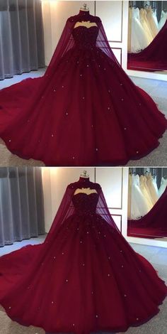 Burgundy Ball Gown Wedding Dresstulle Prom Dresses Burgundy Ball Gown, Tulle Ball Gown Wedding Dress, Cape Wedding Dress, Red Ball, Tulle Ball Gown, Ball Gowns Prom, Quince Dresses, Cape Dress, Tulle Prom Dress