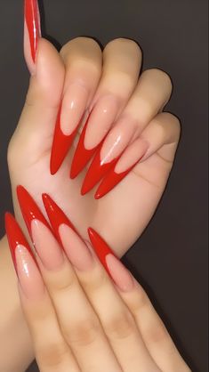 Stilleto Red French Nails, Almond Long Red Nails, Xxl Almond Nails, Xl Almond Acrylic Nails, Red Stilleto French Tip, Long Almond Nails Christmas, Long Almond Red Nails, Red French Tip Nails Stiletto, Red Long Almond Nails