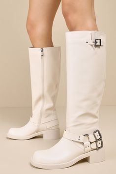 Chic yet edgy, the Billini x Lulus Otila Bone Buckle Knee-High Moto Boots are perfect for looking iconic all season long! Smooth faux leather shapes these too-cool boots that feature a rounded toe upper, a seamed vamp, and a 15.75"" knee-high shaft with an adjustable buckle gusset at the outstep and a 15.25"" circumference. Matching straps (with adjustable buckle details) meet at a silver O-ring that accents the outstep, lending a trendy, moto-inspired touch. A 16"" zipper at the instep allows f Tomorrowland Outfit, Boots With Buckles, 2 Block, Lulu Fashion, Chunky Block Heels, Motorcycle Boots, Cool Boots, Heel Boots, Moto Boots