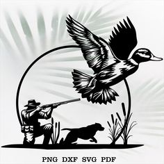 an image of a duck hunting with a man and dog in the foreground on a white background