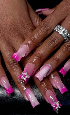 Hot Pink Junk Nails, Pink And White Birthday Nails, Gemini Birthday Nails, Acrylic Toe Nails, Long Acrylic Nail Designs, Drip Nails